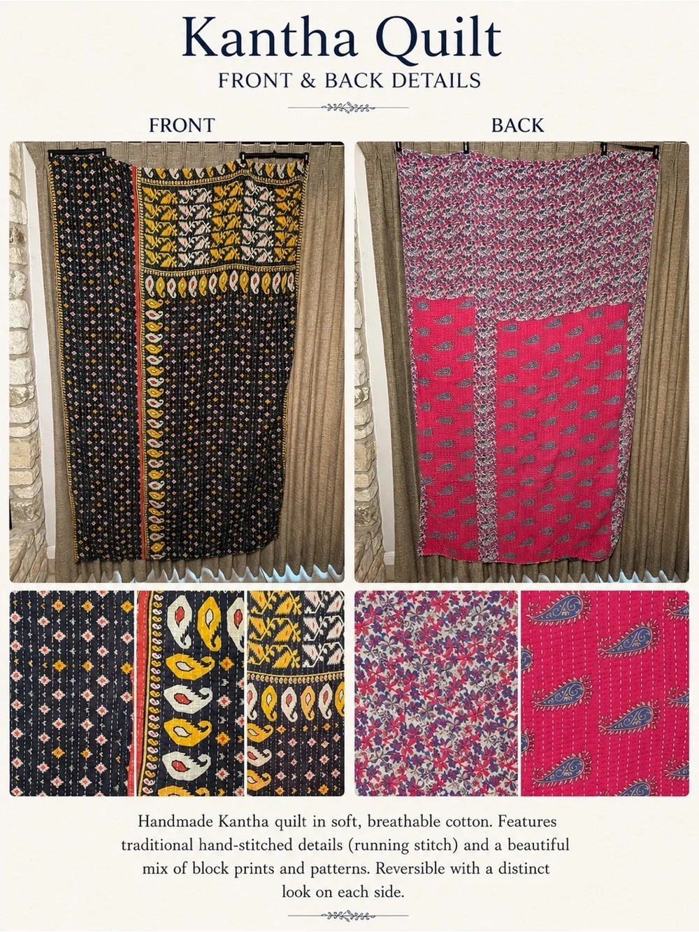 Vintage Handmade Printed Kantha Quilt India Sari Throw Blanket Twin 52x80